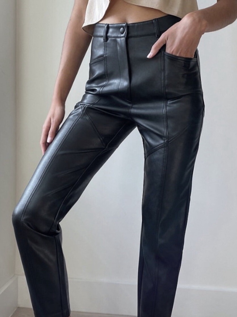 Wilfred| Aritzia| Rebel Black Faux Vegan Leather Straight Leg Pants Sz 10